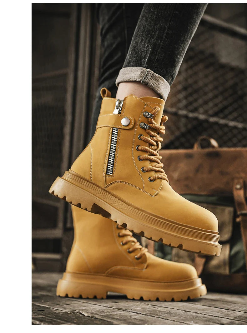 Men's Boots 2024 Autumn Thick Soled Zipper Lace-up Korean Belt Buckle Height Increasing Comfort High Top British Sports Boots