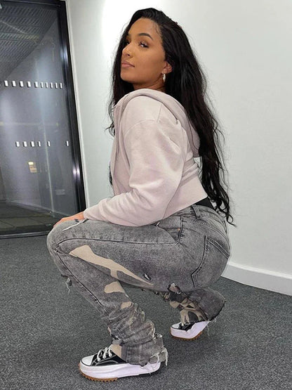 Women Fashion Gray Print High Waist Denim Skinny Trousers