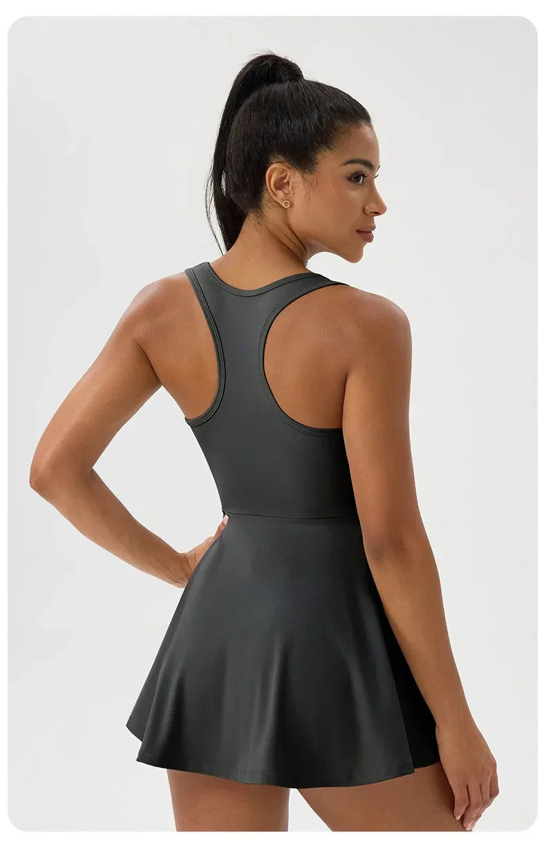 Women Summer Tennis Dress Breathable Quick-Dry Workout Dress Outdoor Sports Skirt Gym Yoga Short Dress Casual Athletic Skirt