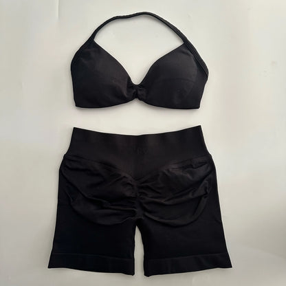 Yoga Gym Set Women Seamless Strappy Yoga Bra Top High Waist Workout Scrunch Shorts Sports Set Fitness Clothes Sportswear