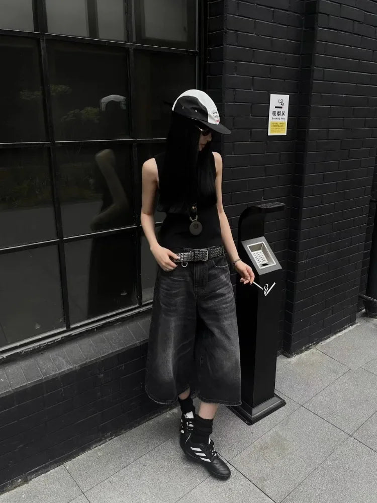 Women Black Y2k Style Baggy Denim Shorts Wide Leg Capri Pants