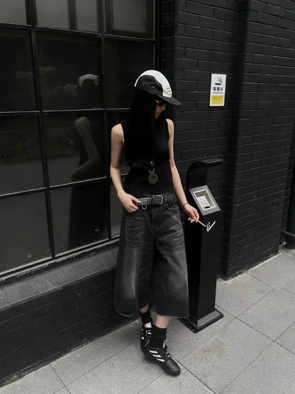 Women Black Y2k Style Baggy Denim Shorts Wide Leg Capri Pants