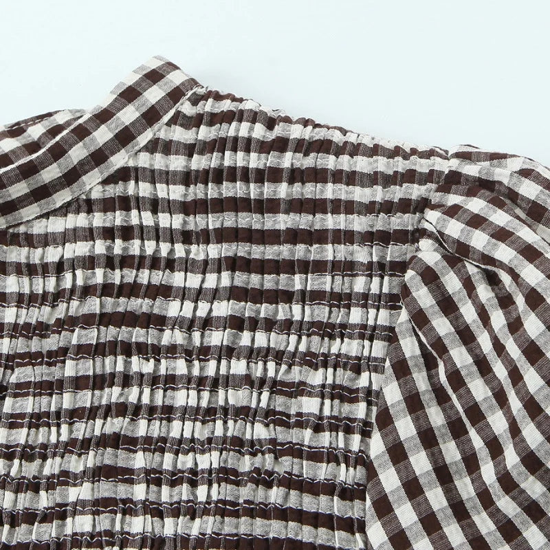 Spring Summer O-Neck Short Puff Sleeve Small Plaid Tops Women Back Button Decoration Tops Female Casual Wear 2026 New