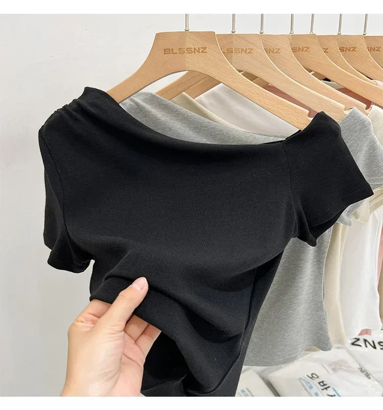 Womens Long Sleeve Off Shoulder T Shirts 2026 Tight Knit Sexy Slim Fitted Casual Women's Basic Tops Cropped T-Shirt