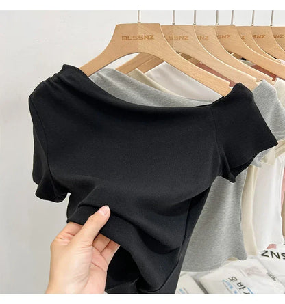 Womens Long Sleeve Off Shoulder T Shirts 2026 Tight Knit Sexy Slim Fitted Casual Women's Basic Tops Cropped T-Shirt