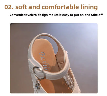 2026 Summer New Girls Woven Princess Shoes Cute Soft Sole Closed Toe Sandals Korean Style Kids Beach Shoes
