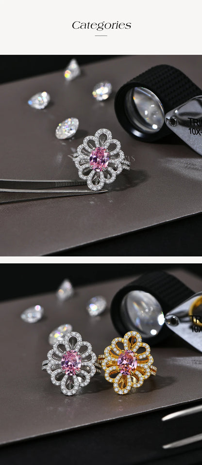 Luxury D VVS1 Moissanite Rings for Women Created Pink Zircon S925 Sterling Silver Flower shape Engagement Wedding Gift