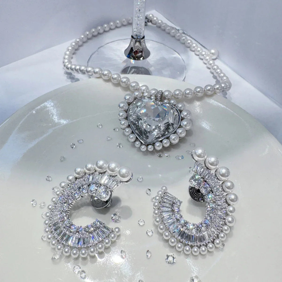 2025 New Trend Fine Wedding Jewelry Set Charm Silver Heart shaped Crystal Luxury Pearl Necklace Earrings Romantic Gift for Women