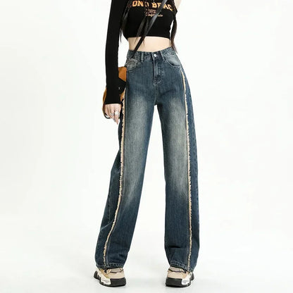 Cotton Wide-leg Women's Baggy Jeans High Waist Distressed