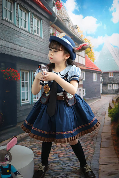 Judy Cosplay Costume Kids Carnival Party Dress Girls Tie Headdress Belt Socks Sets Police Role Play Movie Uniform Birthday Gift