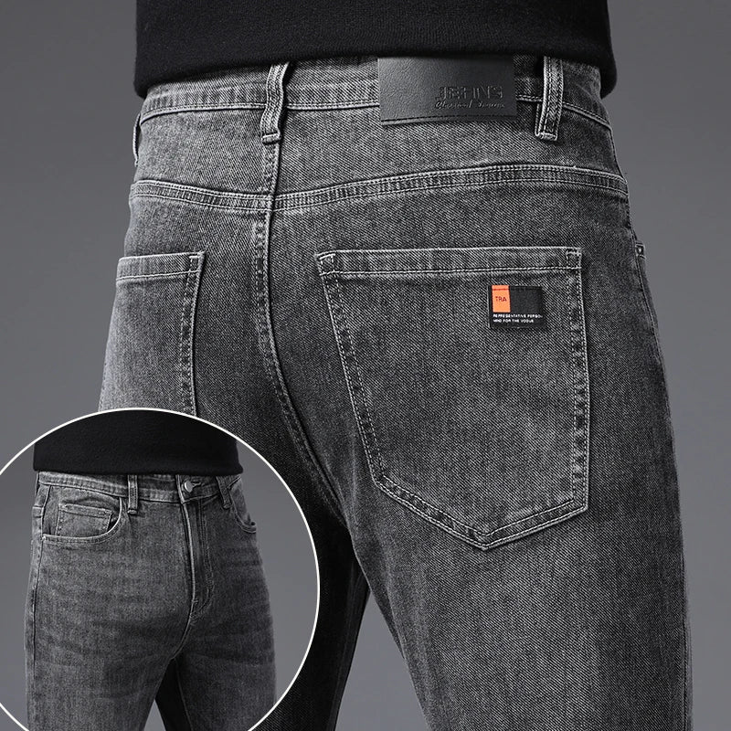 Calça Jeans Masculina Coreana Macia Elástica Slim Fit Negócios Casual Reta Jeans Clássica Marca Azul Lavado Cinza