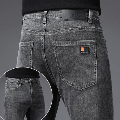 Calça Jeans Masculina Coreana Macia Elástica Slim Fit Negócios Casual Reta Jeans Clássica Marca Azul Lavado Cinza