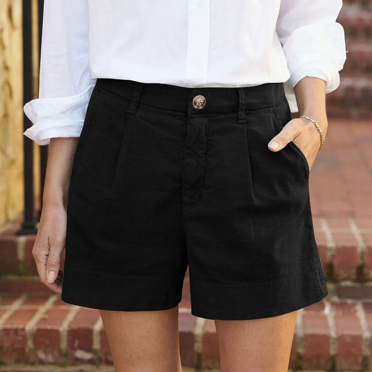 Cotton Linen Solid Shorts For Women Button High Waist Summer Loose Casual Pockets Shorts Female Pants Women Clothing