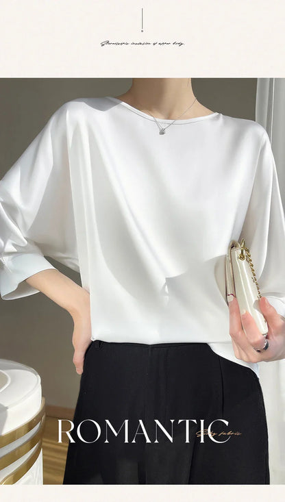 2026 New In Summer Satin Silk Half-Sleeve Tee Tops Basic Solid Women‘s T-Shirt Casual O-neck Thin Shirts Ladies Loose Blouses