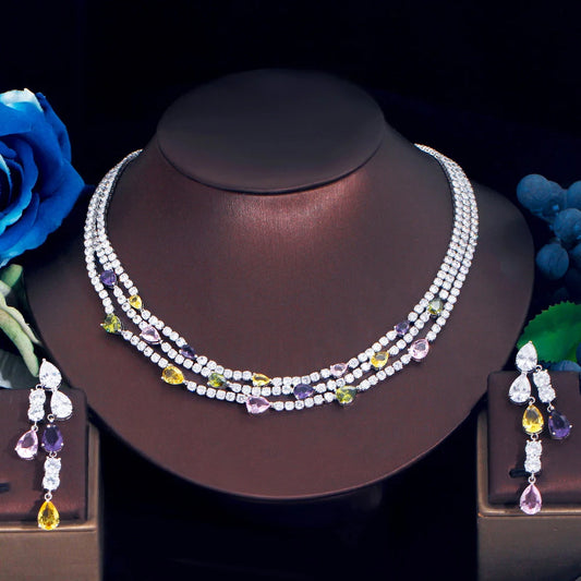 Shiny Colorful Cubic Zirconia 3 Rows Multi Layer Bridal Wedding Choker Necklace Earrings Jewelry Set for Women TZ784