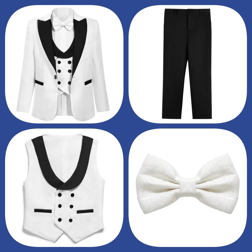 Classic Wedding Suit Set For Boys Slim Fitting Tuxedo Suits Blazer Vest Pants Bow-Tie 4PCS Graduation Piano Costume Dress wear