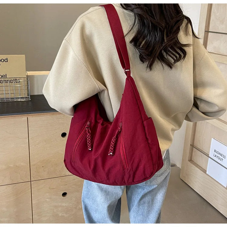 Summer Women Solid Color Shoulder Bag Fashion Lightweight Versatile Travel Crossbody Bag Commuter Nylon Large Capacity Hobo Bag