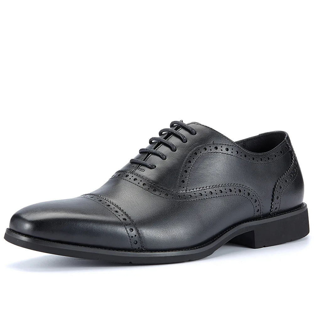 Men's Genuine Leather Brogue Oxfords, Business Formal Dress Shoes with Soft Rubber Sole