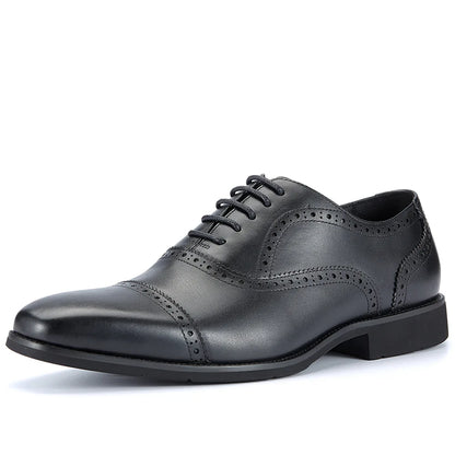 Men's Genuine Leather Brogue Oxfords, Business Formal Dress Shoes with Soft Rubber Sole