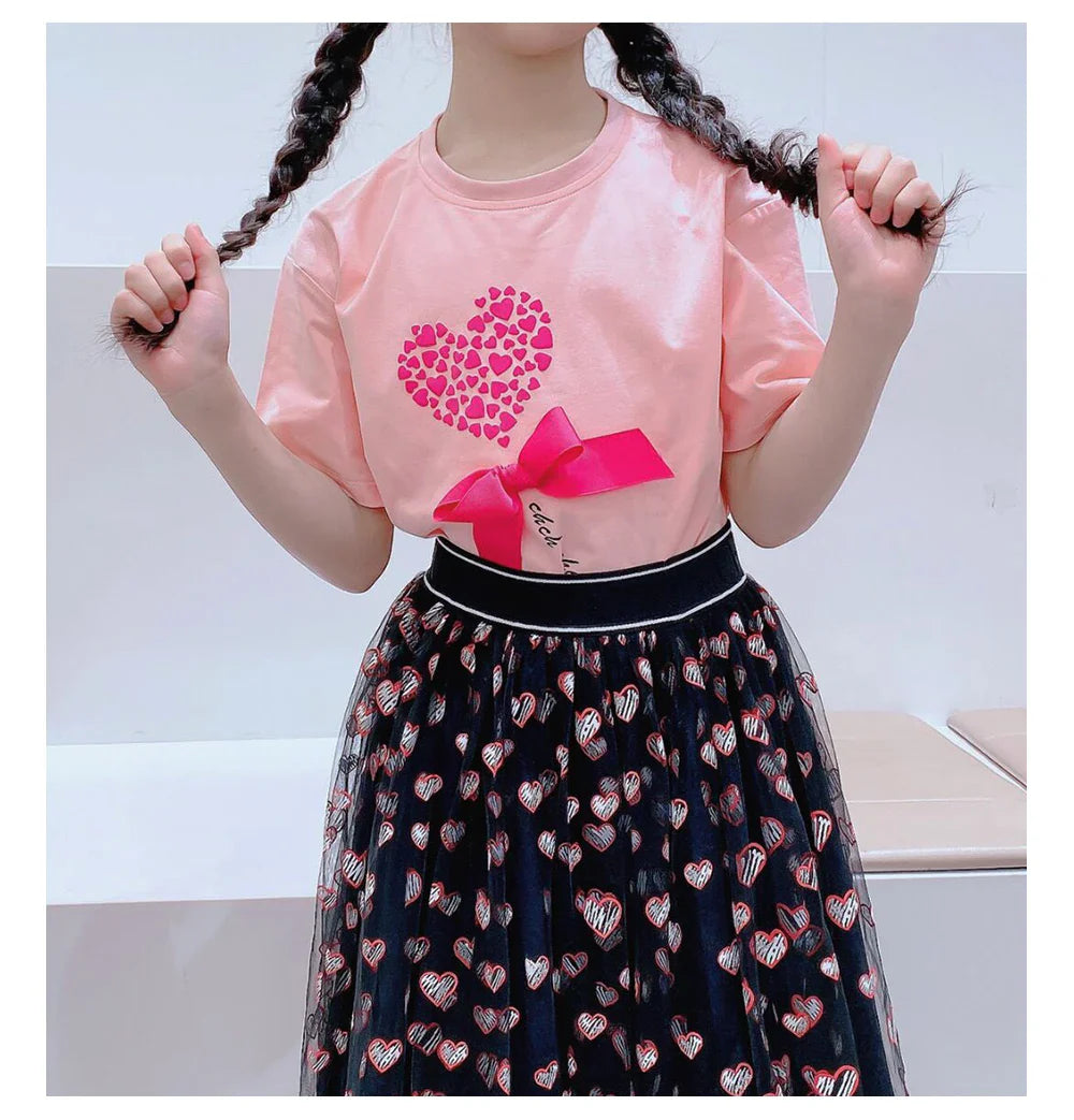 Children's Short-Sleeved Love Print Embroidery Pattern Cotton Loose Summer New Outdoor Casual Boys Girls Tops Comfortable
