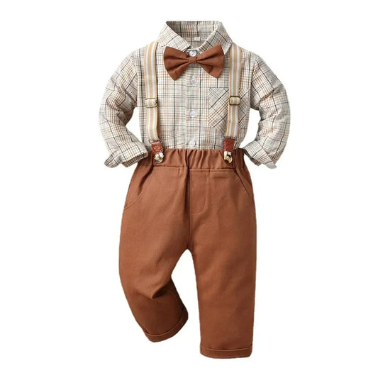 Boy Autumn Cotton Long Sleeve Plaid Shirt and Strap Pants Set Boys' Strap Pants Set Boy Red Pants and Shirts for 70cm-160cm