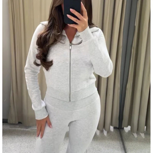 Women's Suits Flare Pants Sets 2 Piece Set Fleece Elastic Waist Trouser Suit Cropped Sweatshirts Jacket Two-Piece Set