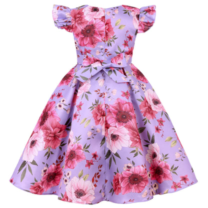 Cross-border special summer burst dress girls printed waist wedding dress flower girl short-sleeved princess puffy skirt