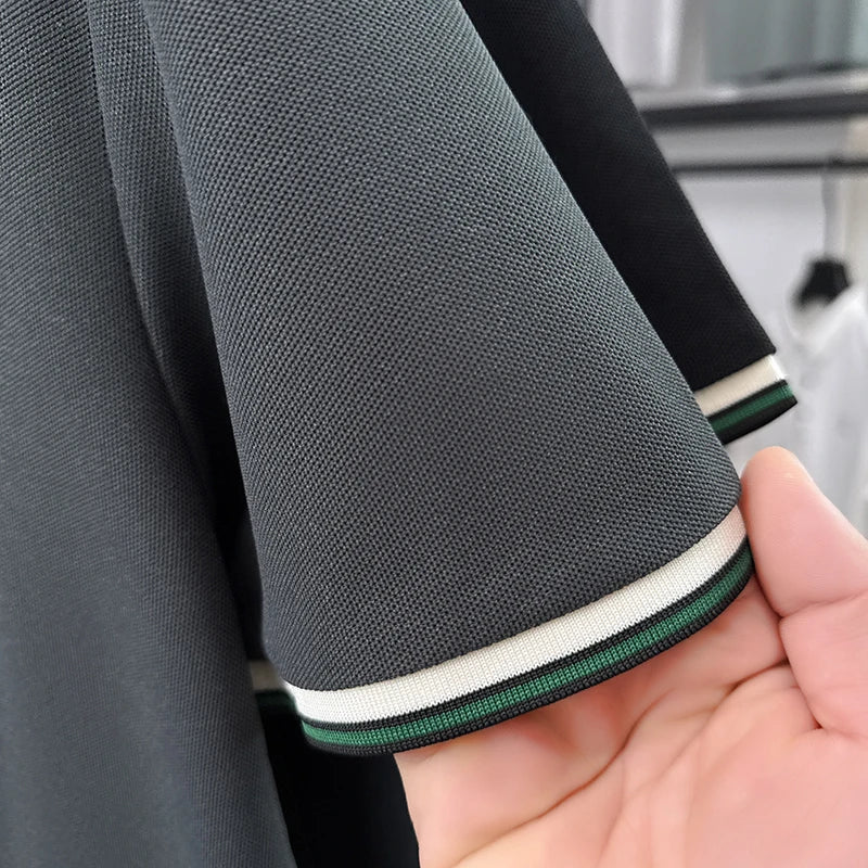 High Quality Man Short-Sleeved Polo Shirt Lapel Button Color Blocking Pattern Printing New T-Shirt Business Casual Men'sClothing