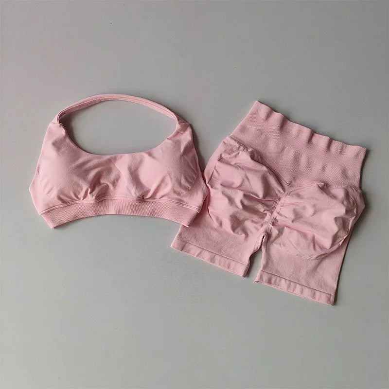 Sexy Halter Neck Beautiful Back High Waist Peach Sports Bras Shorts Suit Pilates Gathering Yoga Vest Training Fitness Bra Sets
