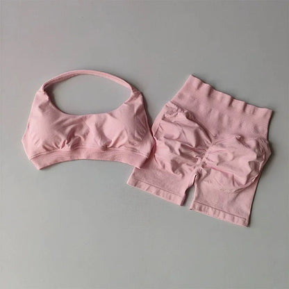 Sexy Halter Neck Beautiful Back High Waist Peach Sports Bras Shorts Suit Pilates Gathering Yoga Vest Training Fitness Bra Sets