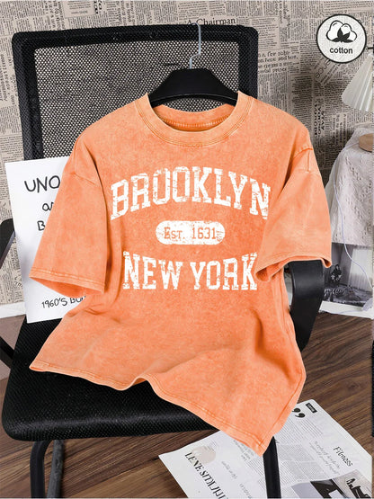 Brooklyn Est 1631 New York Prints Washed T-Shirt Mens Cotton Oversized T Shirts Casual Distressed O-Neck Tops Summer Male Tees
