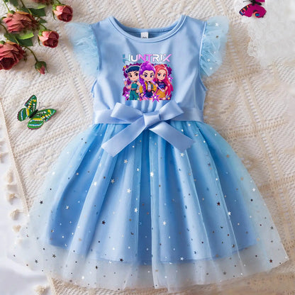 Rumi Girls Sequin Tutu Dress with Bow Flutter Sleeves Summer Princess Party Outfit for Toddler Kids 2-6 Years