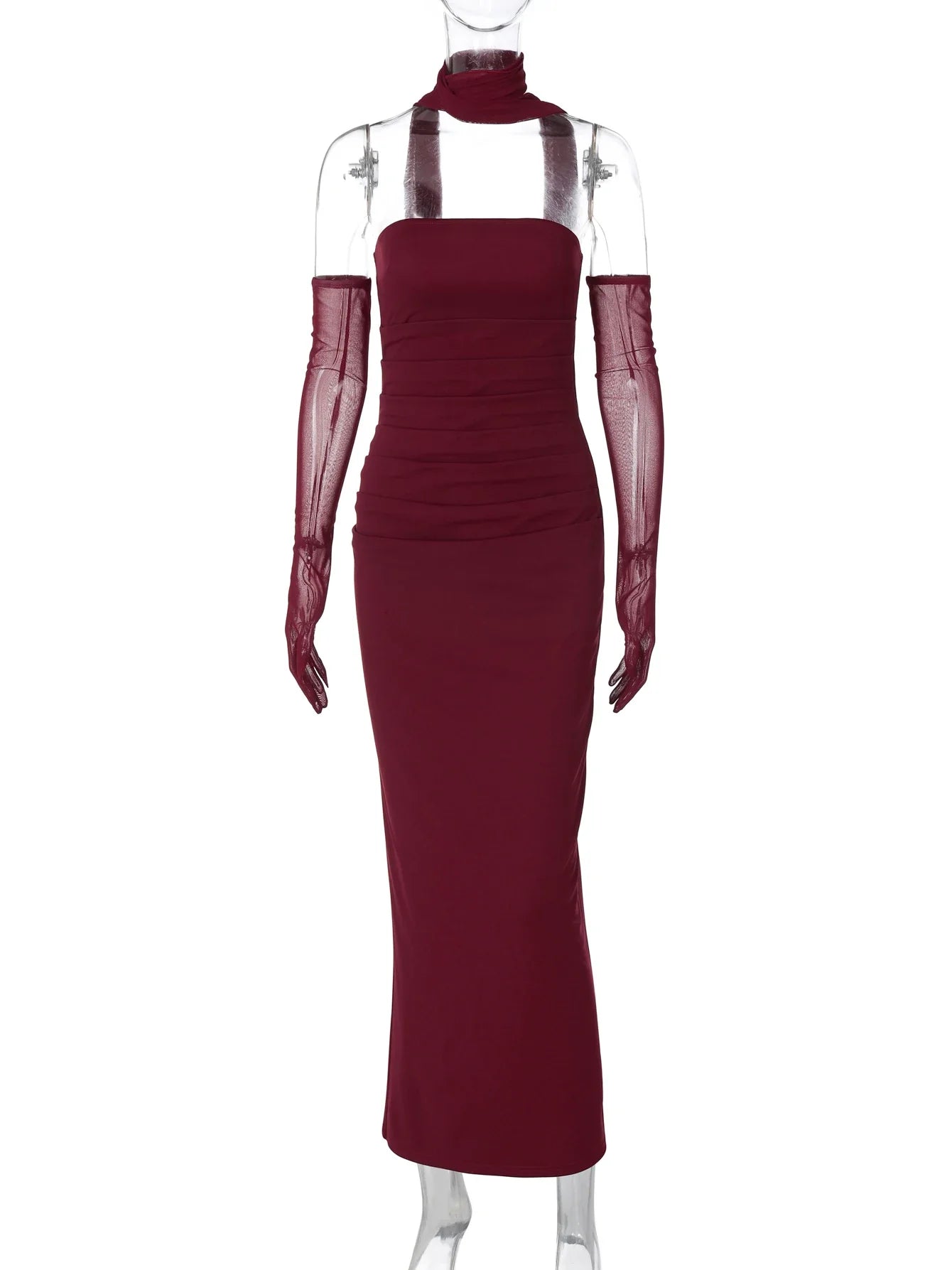 Elegant Scarf Strapless Solid Mesh Gloves Sexy Bodycon Maxi Prom Dress Women Fashion Y2K Outfits Wedding Party Birthday