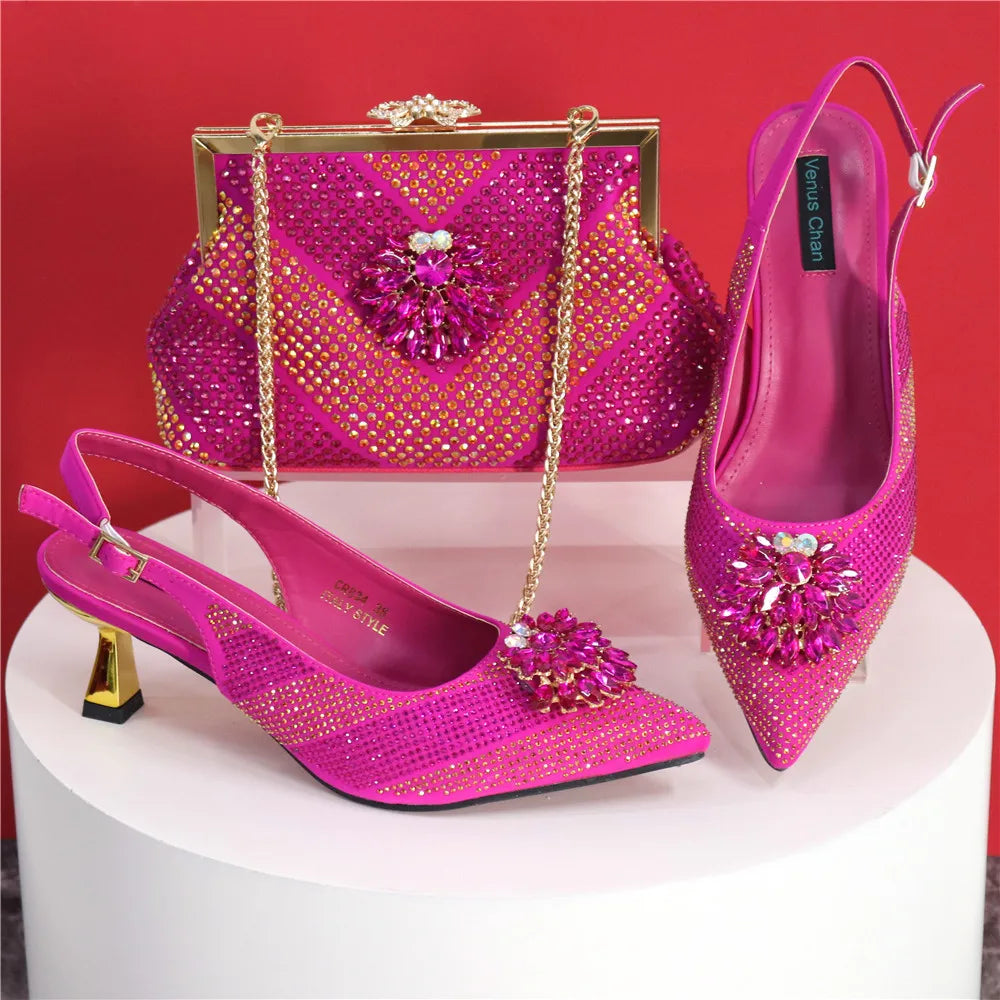 Italian Design Rhinestone Luxury Green Colour Pointed Toe Shoe & Bag Set Women's High Heels for Parties High Quality