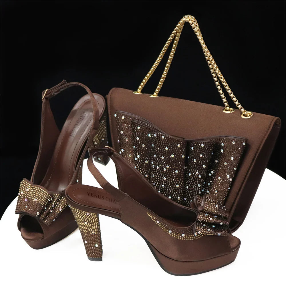 Shoes Matching Bag With Applique Mature African Ladies Super High Heels Sandals for Party Fashionable Italian Women