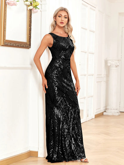 Women Elegant Short Sleeve Mermaid Glittering Sequin Long Prom Dress V With Zipper Back Formal Dress