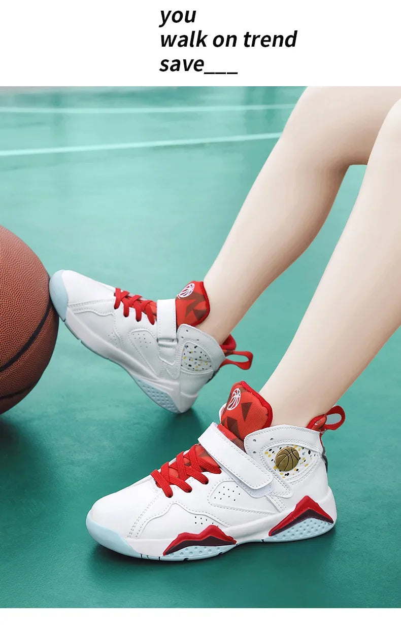 Children Summer High Top Basketball Shoes Boy Breathable Anti Slip Casual Sneakers Man Velcro Non Slip Rebound Kid Running Shoes