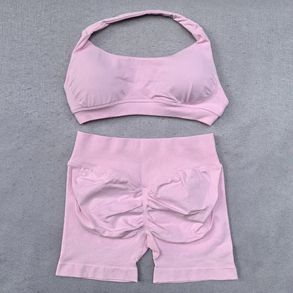 Shorts Set 2 Pieces Seamless Yoga Set Workout Tracksuit Women Halter Sport Bra And Low Waist Scrunch Bum Gym Shorts Suits