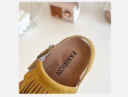Summer Anti-Slippery Kids Suede Sandals for Girls Non-Slip Closed Toe Toddler Beach Shoes with Cute Tassels School Casual Wear