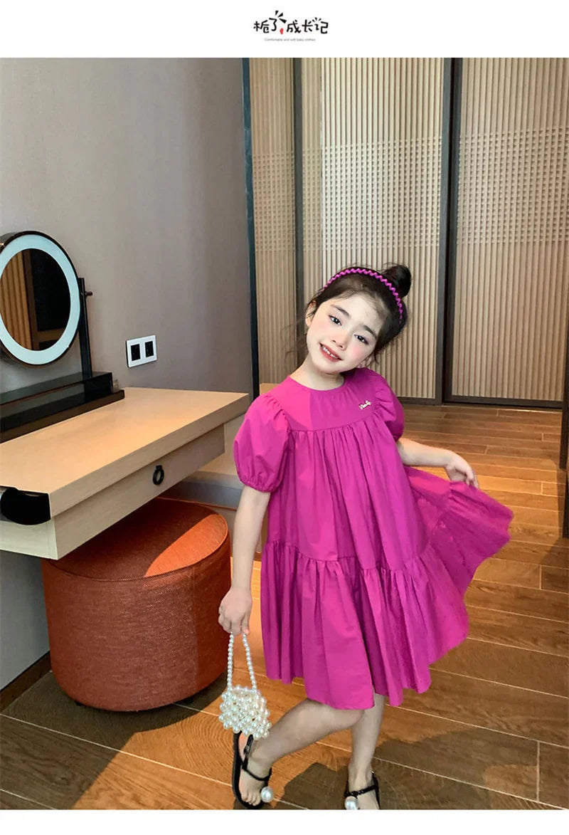 New Girls Princess Dress 2026 Summer Children Loose Sweet Rose Red Dress Kids Short Sleeve Patchwork Dress 2-8 Years