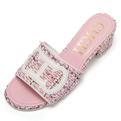 Middle heel square heel slippers fabric fashion casual shoes luxury brand slippers girls street commuter slippers