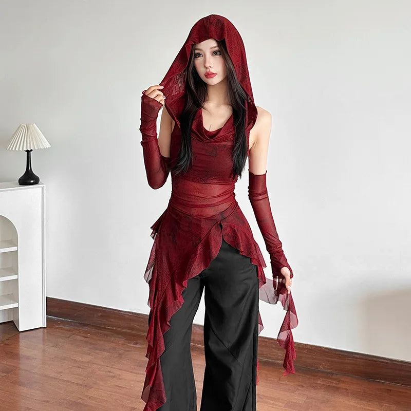 Streetwear 90s Grunge Mesh See Through Hooded Tops Cyber Y2K Irregular Hem Ruffles Hoodie Women Slim Blouse with Cuffs