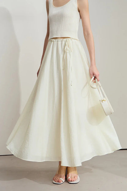 Minimalist New Summer Knee Length A-line Skirt Women Adjustable Drawstring Solid Color Commuting Style Loose Skirt 12522025