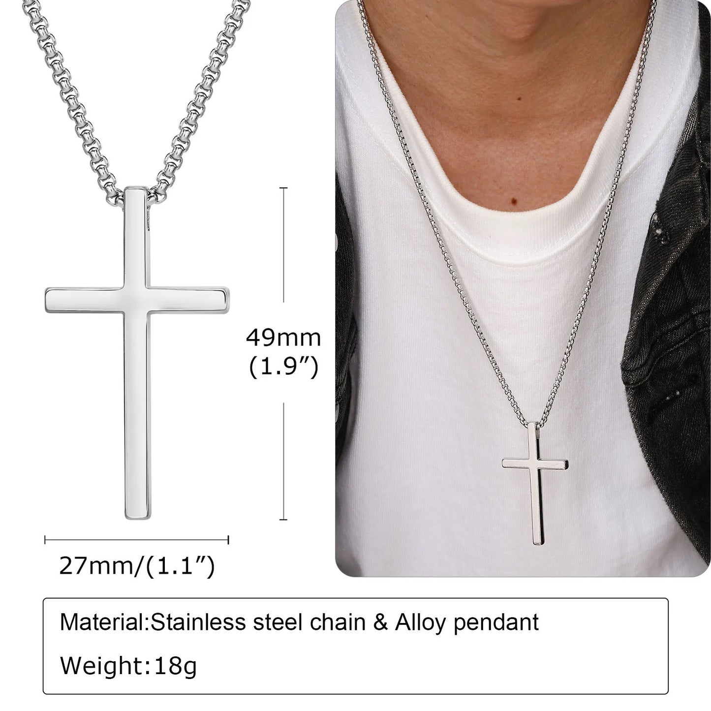 Cross Necklace for Men Women, Silver Color Plain Cross Pendant Collar with Stainless Steel Box Chain
