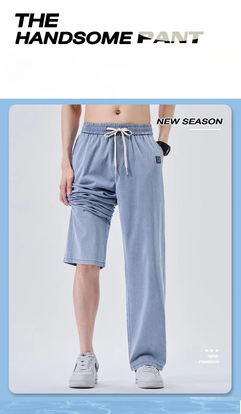 Brand Soft Jeans for Men Spring Thin Draped Comfortable Straight Trousers Drawstring Male Baggy Denim Pants Streetwear