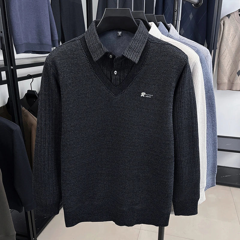 Winter Men's Vacation Two-piece Thick Woolen Sweater with A Warm Collar and Knitted Polo Base for Middle-aged and Elderly People
