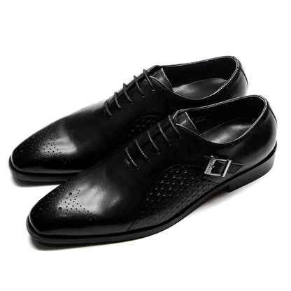 Classy Men's Genuine Leather Oxford Dress Shoes Blue Black Lace-up Brogue Pointed Business Wedding Party Formal Shoes for Men