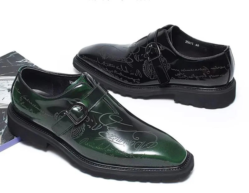 High-end Square-toe Slip-on Buckle Strap Leather Shoes Men Italian Formal Shoes Laser Engraved Letters Design Wedding Shoes Man