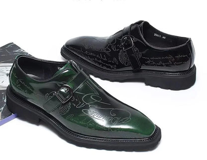 High-end Square-toe Slip-on Buckle Strap Leather Shoes Men Italian Formal Shoes Laser Engraved Letters Design Wedding Shoes Man