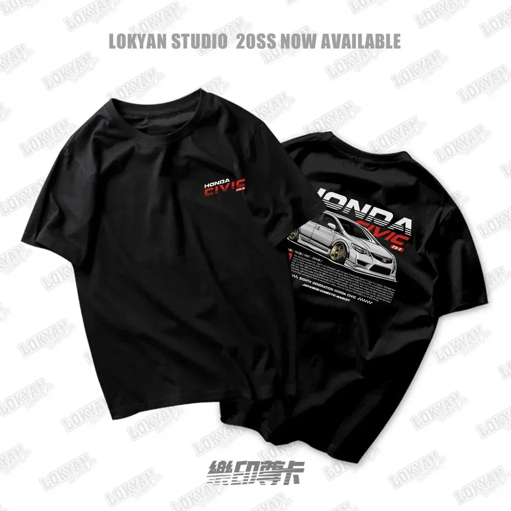 Civic Type R JDM Car T Shirt Racing Graphic Tee Men 100% Cotton Streetwear Back Print Top